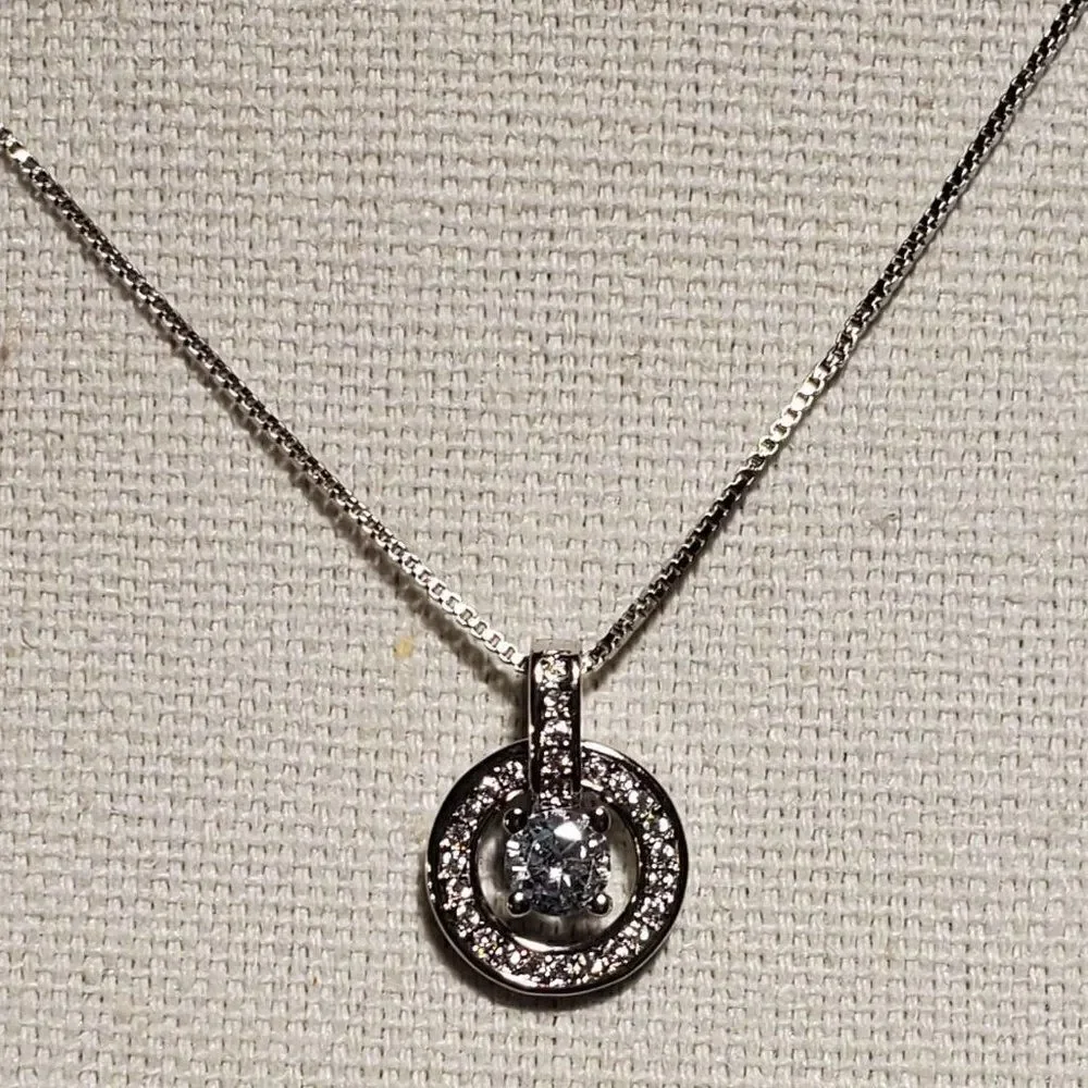 Sterling Silver Solitaire and Halo Pendant Necklace